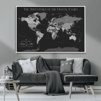 46064114-MGV-CV-36X24-Personalized World Map Wall Art – Black & Grey Adventure Travel Map with Custom Family or Couple Names, Modern Wall Decor for Home