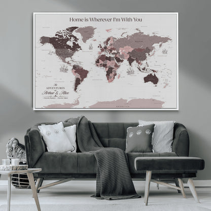 33204797-MGV-CV-36X24-Personalized World Map Wall Art – Burgundy & Grey Adventure Travel Map with Custom Names, Romantic Wall Decor for Couples, Home or