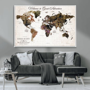 33631532-MGV-CV-36X24-Personalized World Map Wall Art – Dark Vintage Adventure Travel Map with Custom Names, Rustic Wall Decor for Couples, Home or