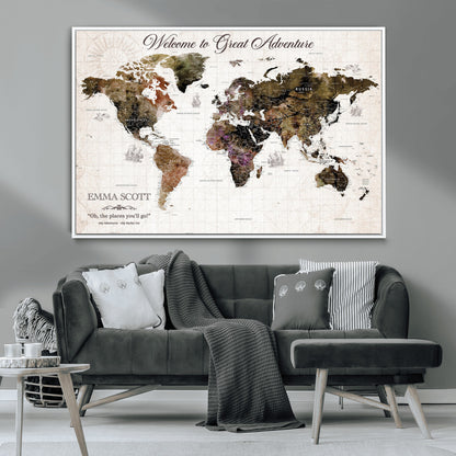 33631532-MGV-CV-36X24-Personalized World Map Wall Art – Dark Vintage Adventure Travel Map with Custom Names, Rustic Wall Decor for Couples, Home or