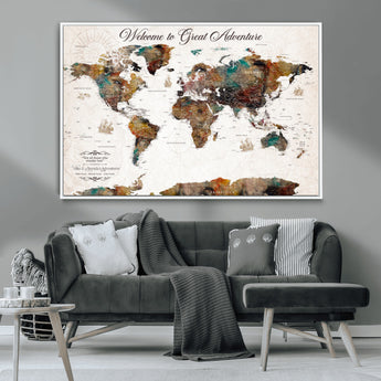 67029173-MGV-CV-36X24-Personalized World Map Wall Art – Colorful Vintage Adventure Travel Map with Custom Couple Names, Rustic Wall Decor for Home,