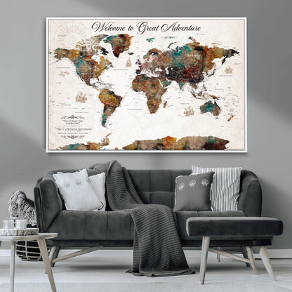 67029173-MGV-CV-36X24-Personalized World Map Wall Art – Colorful Vintage Adventure Travel Map with Custom Couple Names, Rustic Wall Decor for Home,