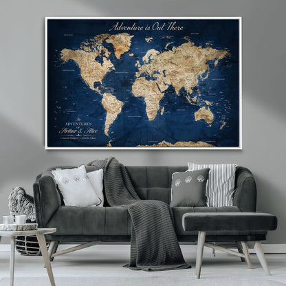 71052542-MGV-CV-36X24-Personalized World Map Wall Art – Rustic Navy Blue Adventure Travel Map with Custom Couple Names, Vintage Wall Decor for Home or