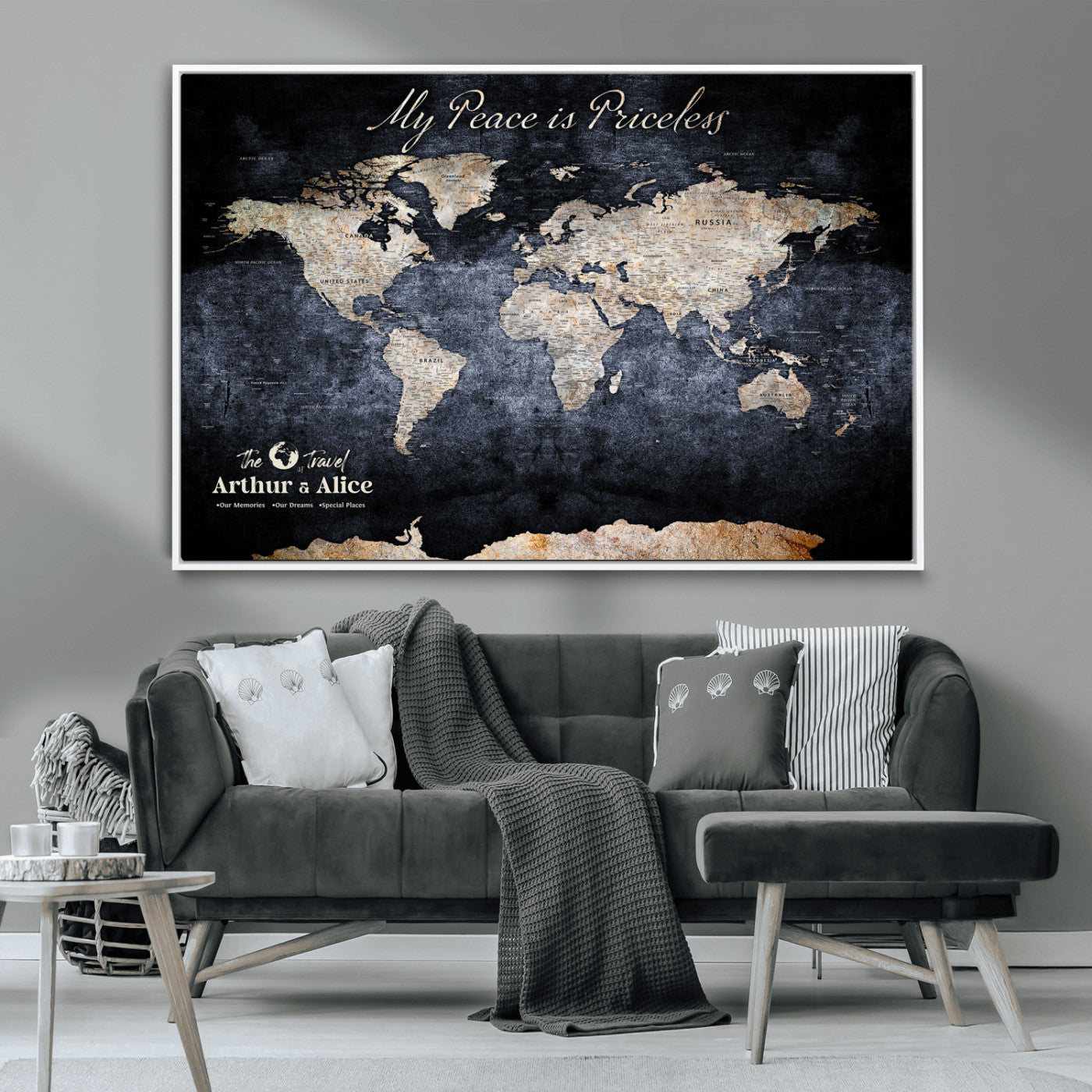85403043-MGV-CV-36X24-Personalized World Map Wall Art – Dark Blue Rustic Adventure Map with Custom Couple Names, Vintage Wall Decor for Home or Travel