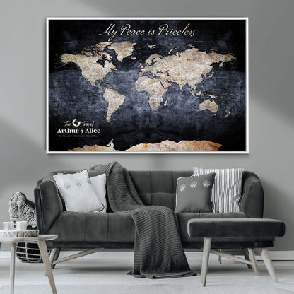 85403043-MGV-CV-36X24-Personalized World Map Wall Art – Dark Blue Rustic Adventure Map with Custom Couple Names, Vintage Wall Decor for Home or Travel