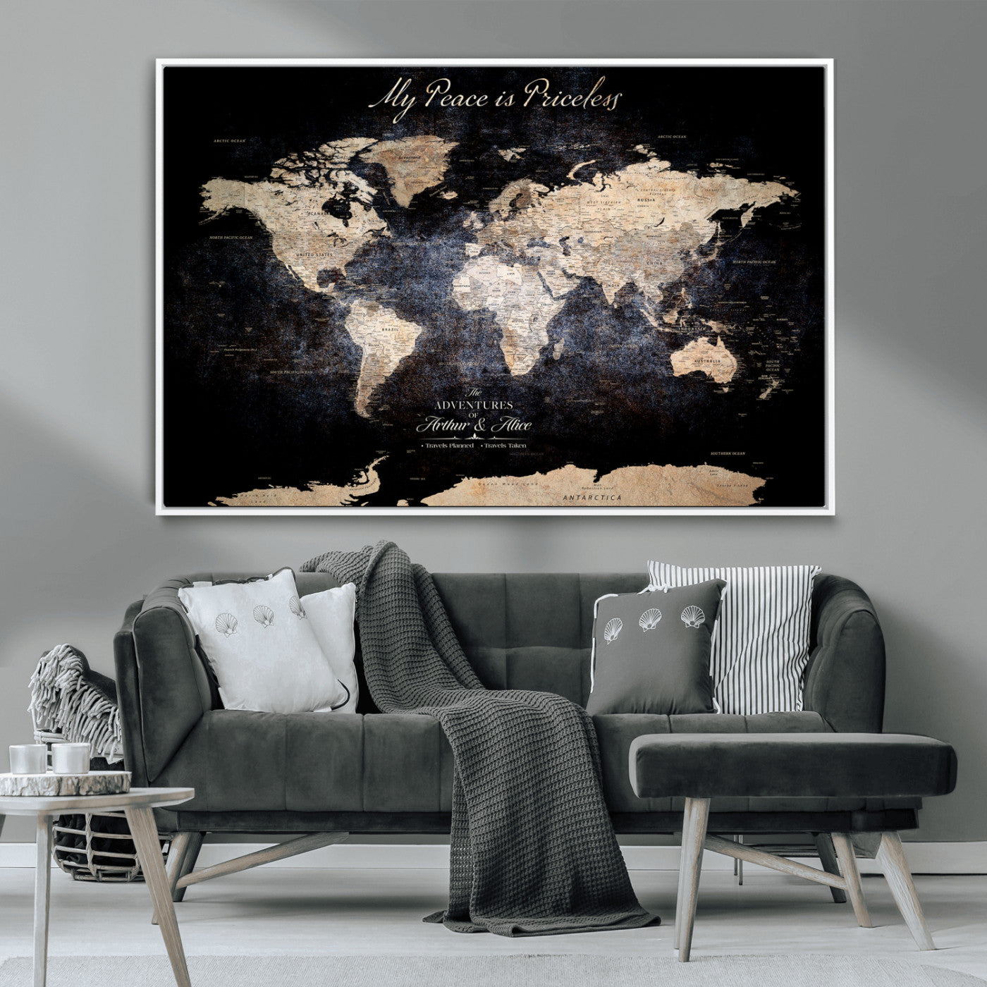 51488142-MGV-CV-36X24-Personalized World Map Wall Art – Dark Rustic Adventure Travel Map with Custom Names, Vintage Wall Decor for Couples, Families or
