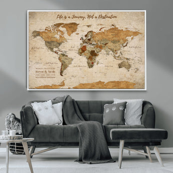 75179116-MGV-CV-36X24-Personalized World Map Wall Art – Rustic Vintage Travel Map with Custom Names, Inspirational Adventure Décor for Couples, Families