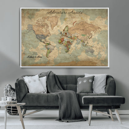 62500285-MGV-CV-36X24-Personalized World Map Wall Art – Rustic Watercolor Adventure Awaits Travel Map with Custom Couple Names, Vintage Wall Decor for