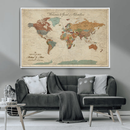 43497401-MGV-CV-36X24-Personalized World Map Wall Art – Vintage Rustic Adventure Travel Map with Custom Couple Names, Welcome to Great Adventure Wall