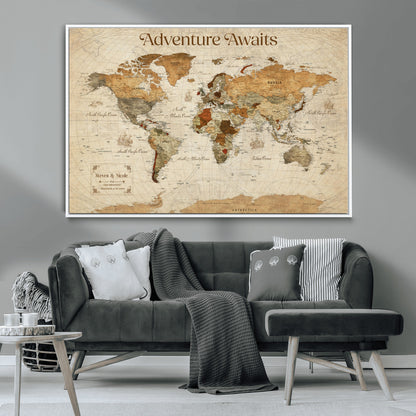 18685073-MGV-CV-36X24-Personalized World Map Wall Art – Antique Vintage Parchment Adventure Awaits Travel Map with Custom Couple Names, Rustic Wall