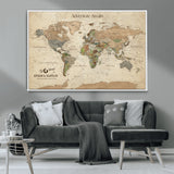 62766900-MGV-CV-36X24-Personalized World Map Wall Art – Antique Parchment Adventure Travel Map with Custom Couple Names, Rustic Wall Decor for Home,