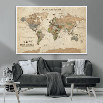 62766900-MGV-CV-36X24-Personalized World Map Wall Art – Antique Parchment Adventure Travel Map with Custom Couple Names, Rustic Wall Decor for Home,