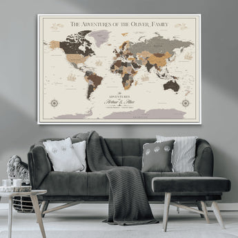 40679469-MGV-CV-36X24-Personalized World Map Wall Art – Neutral Tones Adventure Travel Map with Custom Family Names, Rustic Wall Decor for Living Room