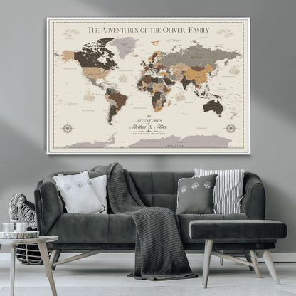 40679469-MGV-CV-36X24-Personalized World Map Wall Art – Neutral Tones Adventure Travel Map with Custom Family Names, Rustic Wall Decor for Living Room