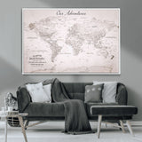 11706567-MGV-CV-36X24-Personalized World Map Wall Art – Minimalist Beige Adventure Travel Map with Custom Names, Elegant Push Pin Canvas for Couples,