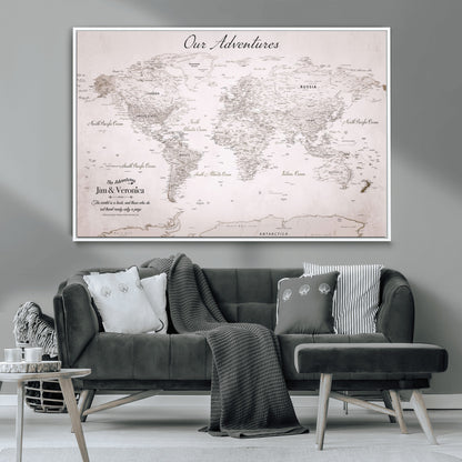 11706567-MGV-CV-36X24-Personalized World Map Wall Art – Minimalist Beige Adventure Travel Map with Custom Names, Elegant Push Pin Canvas for Couples,