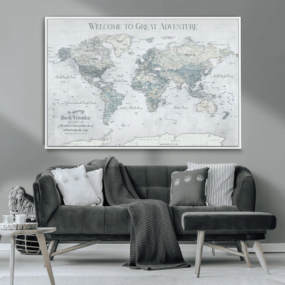 70605050-MGV-CV-36X24-Personalized World Map Wall Art – Cool Gray Adventure Travel Map with Custom Names, Elegant Push Pin Canvas for Couples, Family