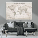 93034948-MGV-CV-36X24-Personalized World Map Wall Art – Vintage Beige Adventure Travel Map with Custom Names, Elegant Push Pin Canvas for Couples,