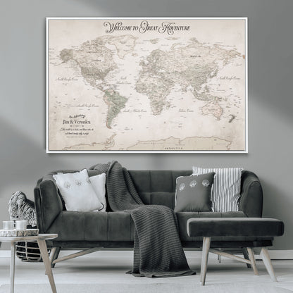 93034948-MGV-CV-36X24-Personalized World Map Wall Art – Vintage Beige Adventure Travel Map with Custom Names, Elegant Push Pin Canvas for Couples,