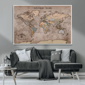 93226713-MGV-CV-36X24-Personalized World Map Wall Art – Adventure Awaits Rustic Earth-Tone Travel Map with Custom Names, Vintage Wall Decor for Couples,