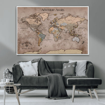 93226713-MGV-CV-36X24-Personalized World Map Wall Art – Adventure Awaits Rustic Earth-Tone Travel Map with Custom Names, Vintage Wall Decor for Couples,