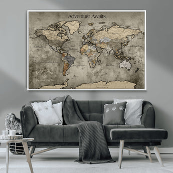 72658967-MGV-CV-36X24-Personalized World Map Wall Art – Adventure Awaits Rustic Sepia Travel Map with Custom Names, Vintage Wall Decor for Couples, Home