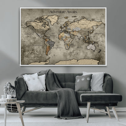 72658967-MGV-CV-36X24-Personalized World Map Wall Art – Adventure Awaits Rustic Sepia Travel Map with Custom Names, Vintage Wall Decor for Couples, Home