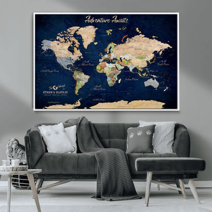 80965072-MGV-CV-36X24-Personalized World Map Wall Art – Adventure Awaits Navy Blue Travel Map with Custom Names, Rustic Vintage Wall Decor for Couples,