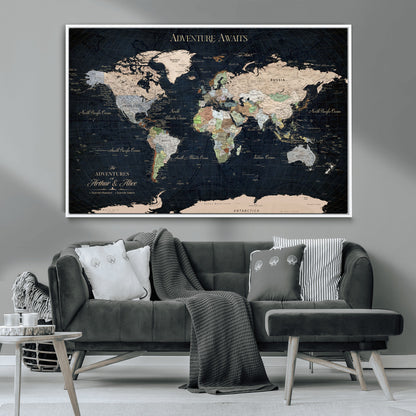 15547583-MGV-CV-36X24-Personalized World Map Wall Art – Rustic Navy Adventure Awaits Travel Map with Custom Couple Names, Vintage Wall Decor for Home or
