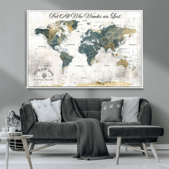 16233493-MGV-CV-36X24-Personalized World Map Wall Art – Rustic Blue Green Wanderlust Travel Map with Custom Couple Names, Vintage Wall Decor for Home