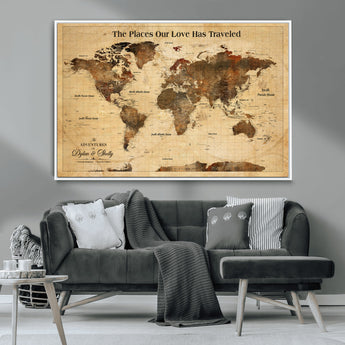 50680593-MGV-CV-36X24-Personalized World Map Wall Art – Rustic Brown Adventure Travel Map with Custom Names, Elegant Push Pin Canvas for Couples Home,