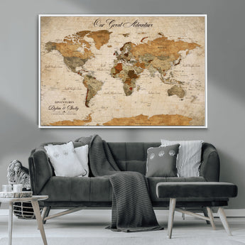 91961147-MGV-CV-36X24-Personalized World Map Wall Art – Vintage Sepia Adventure Travel Map with Custom Couple Names, Rustic Wall Decor for Home, Couples