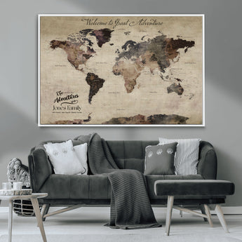 78610079-MGV-CV-36X24-Personalized World Map Wall Art – Vintage Rustic Travel Map with Custom Family Name, Adventure Wall Decor for Home, Family Gift or