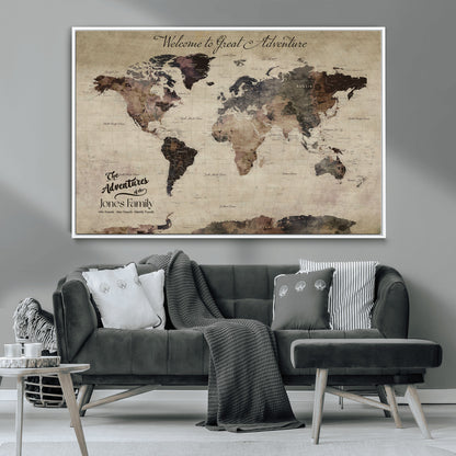 78610079-MGV-CV-36X24-Personalized World Map Wall Art – Vintage Rustic Travel Map with Custom Family Name, Adventure Wall Decor for Home, Family Gift or