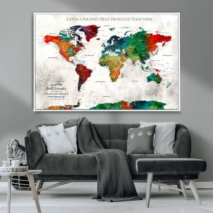 95876117-MGV-CV-36X24-Personalized World Map Wall Art – Colorful Watercolor Travel Map with Custom Names, Romantic Wall Decor for Couples, Wedding or