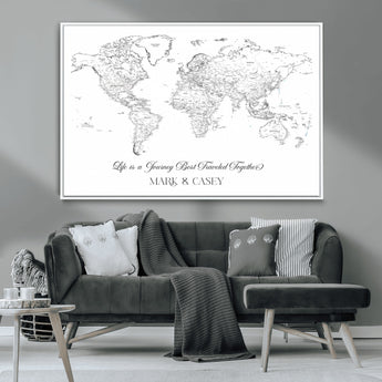 43438578-MGV-CV-36X24-Personalized World Map Wall Art – Black and White Minimal Travel Map with Custom Names, Elegant Wall Decor for Couples, Wedding or
