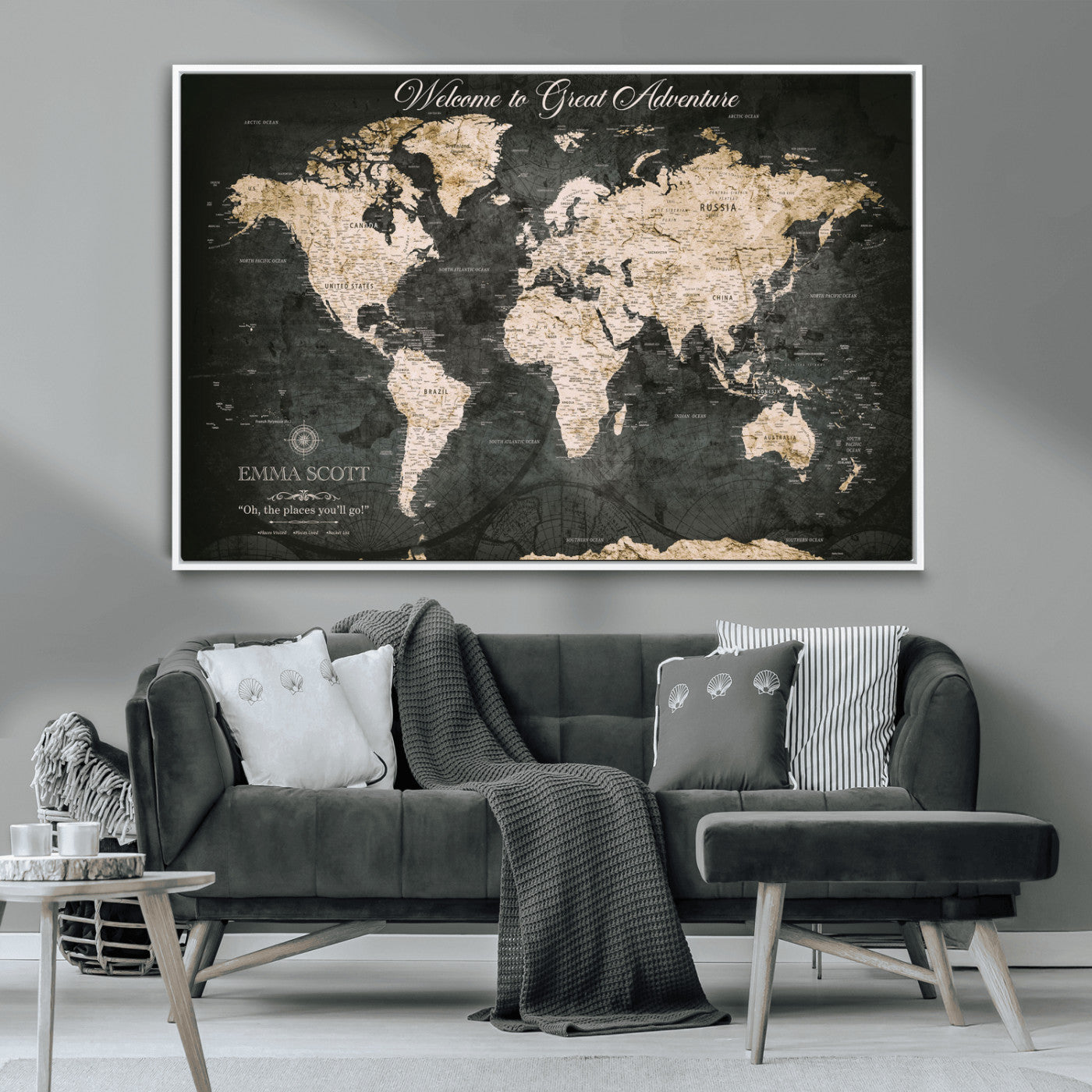 70534097-MGV-CV-36X24-Personalized World Map Wall Art – Dark Vintage Adventure Style Travel Map with Custom Names, Unique Wall Decor for Couples, Home