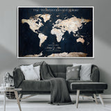 13231361-MGV-CV-36X24-Personalized World Map Wall Art – Navy Blue Vintage Adventure Travel Map with Custom Names, Elegant Push Pin Canvas for Couples