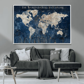 16933330-MGV-CV-36X24-Personalized World Map Wall Art – Navy Blue Vintage Travel Map with Custom Names, Anniversary Gift for Couples Romantic Adventure