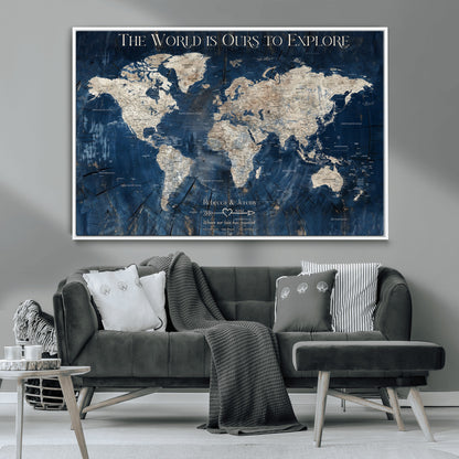 16933330-MGV-CV-36X24-Personalized World Map Wall Art – Navy Blue Vintage Travel Map with Custom Names, Anniversary Gift for Couples Romantic Adventure