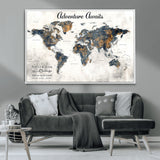 11751559-MGV-CV-36X24-Personalized World Map Wall Art – Elegant Adventure Travel Tracker Map for Couples & Families, Push Pin Canvas Poster Decor for Home, Office
