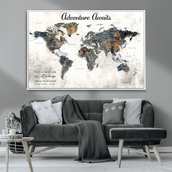 11751559-MGV-CV-36X24-Personalized World Map Wall Art – Elegant Adventure Travel Tracker Map for Couples & Families, Push Pin Canvas Poster Decor for Home, Office