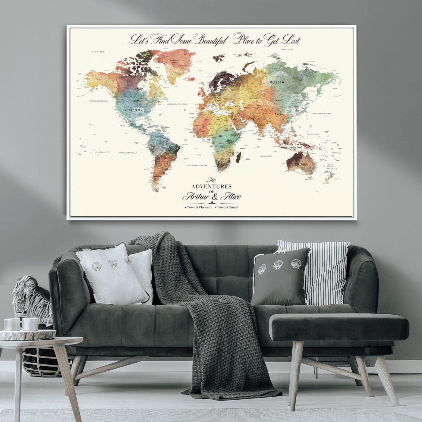 10311652-MGV-CV-36X24-Personalized World Map Wall Art - Watercolor Travel Map with Custom Names Minimalist Design for Couples&Families - Decor for Home,