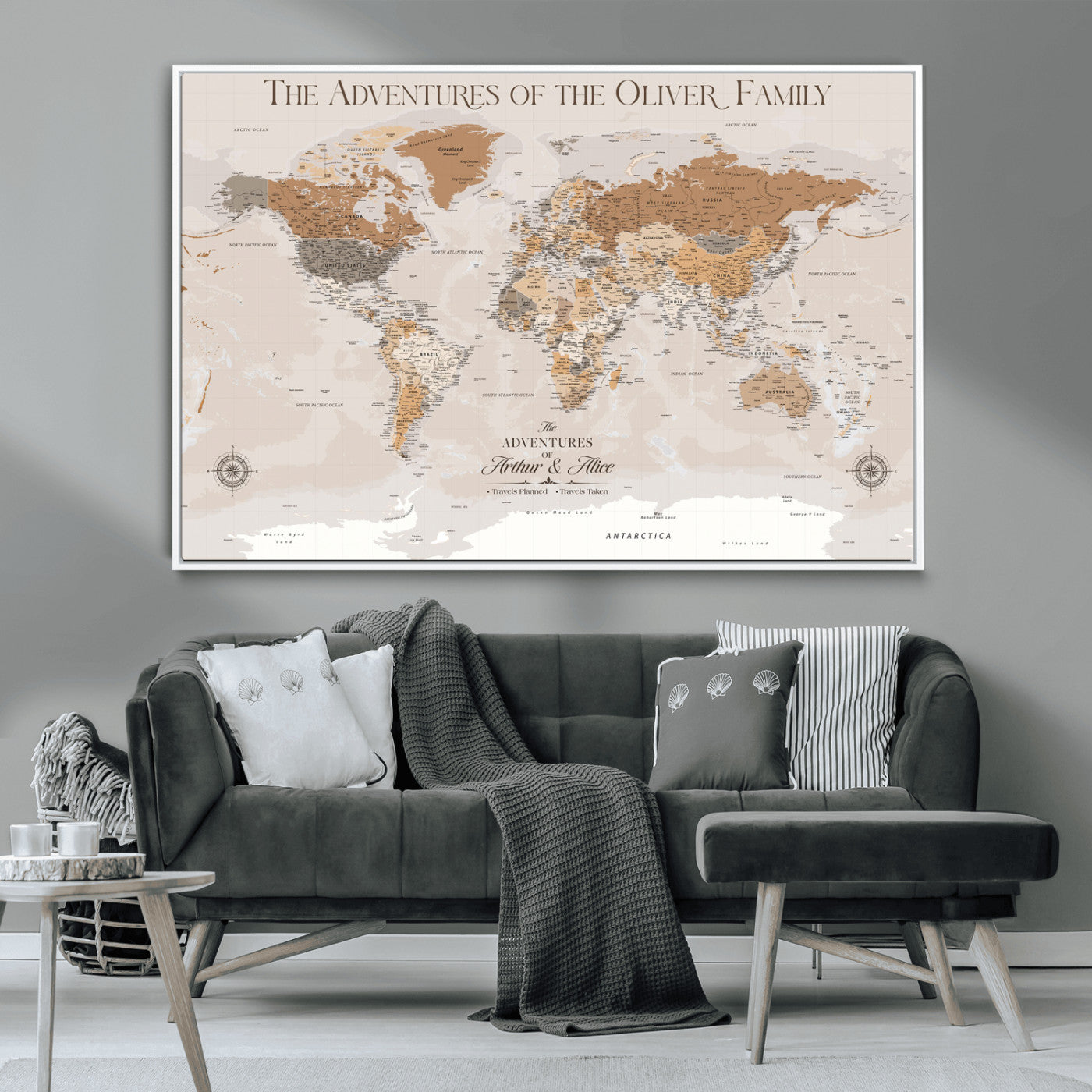 34289723-MGV-CV-36X24-Personalized World Map Wall Art – Elegant Beige and Brown Adventure Map Canvas Print for Family Home, Living Room, Study or Office
