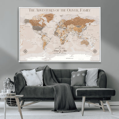 34289723-MGV-CV-36X24-Personalized World Map Wall Art – Elegant Beige and Brown Adventure Map Canvas Print for Family Home, Living Room, Study or Office