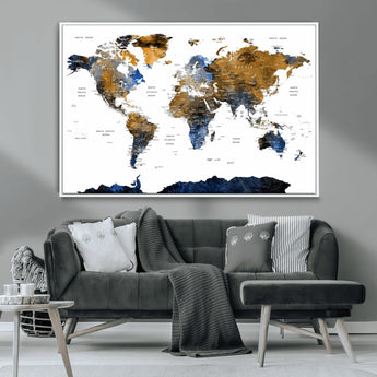 MGV-FC-36X24 - World Map Wall Art Canvas Print, Framed Blue Gold Map Art Picture Print, Rustic Atlas Perfect Rustic Modern Decor Artwork
