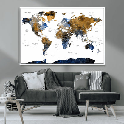MGV-FC-36X24 - World Map Wall Art Canvas Print, Framed Blue Gold Map Art Picture Print, Rustic Atlas Perfect Rustic Modern Decor Artwork
