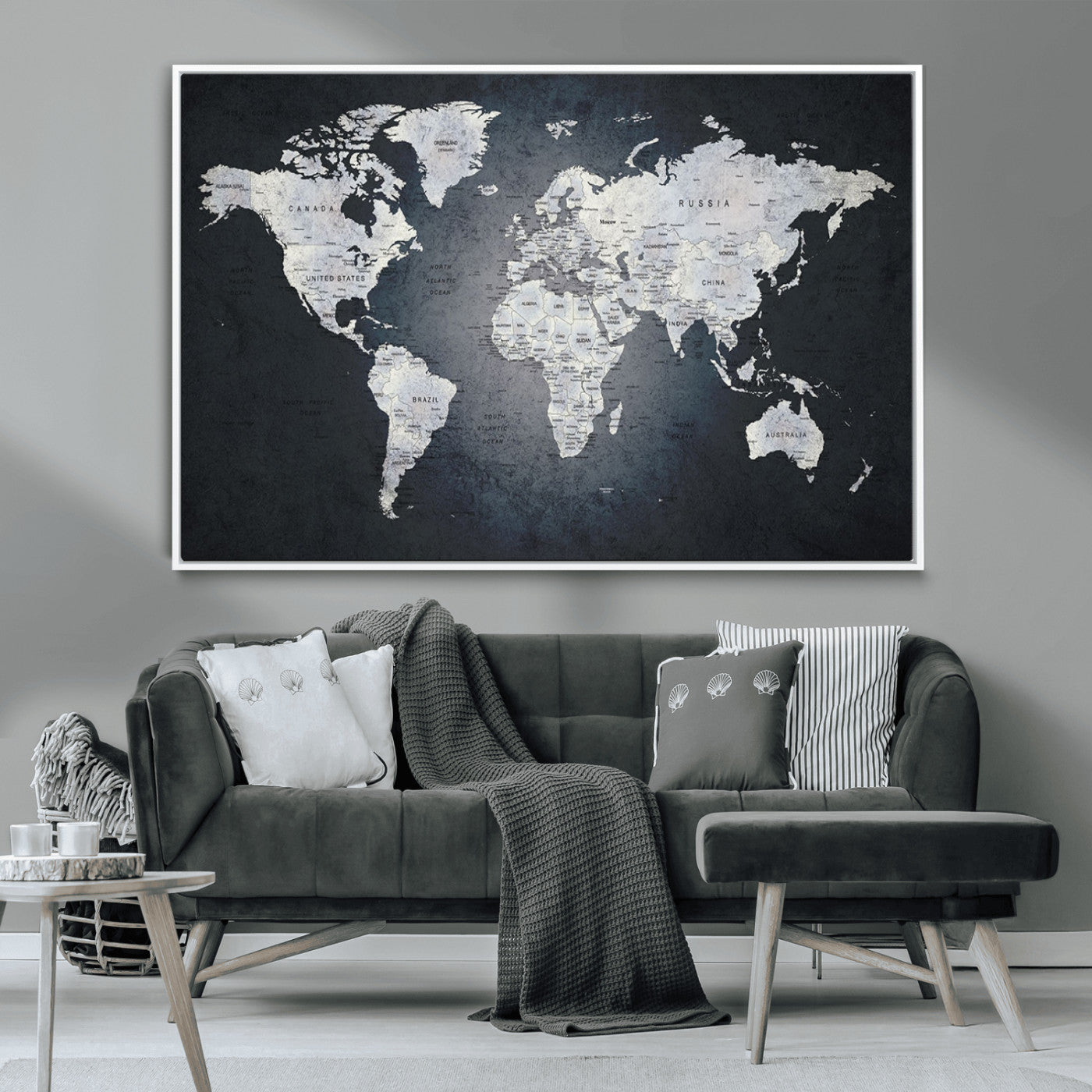MGV-FC-36X24 - Monochrome World Map Wall Art Canvas Print, Framed Minimalist Map Art Picture Print, Modern Atlas Perfect Modern Minimalist Decor Artwork