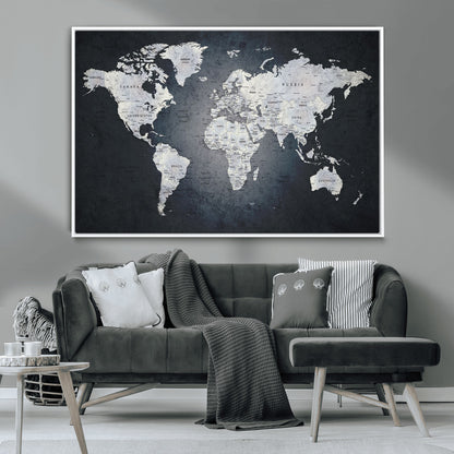 MGV-FC-36X24 - Monochrome World Map Wall Art Canvas Print, Framed Minimalist Map Art Picture Print, Modern Atlas Perfect Modern Minimalist Decor Artwork