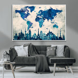 MGV-FC-36X24 - Blue World Map Wall Art Canvas Print, Framed Iconic Landmarks Art Picture Print, Blue Globe Map Perfect Elegant Explorer Decor Artwork